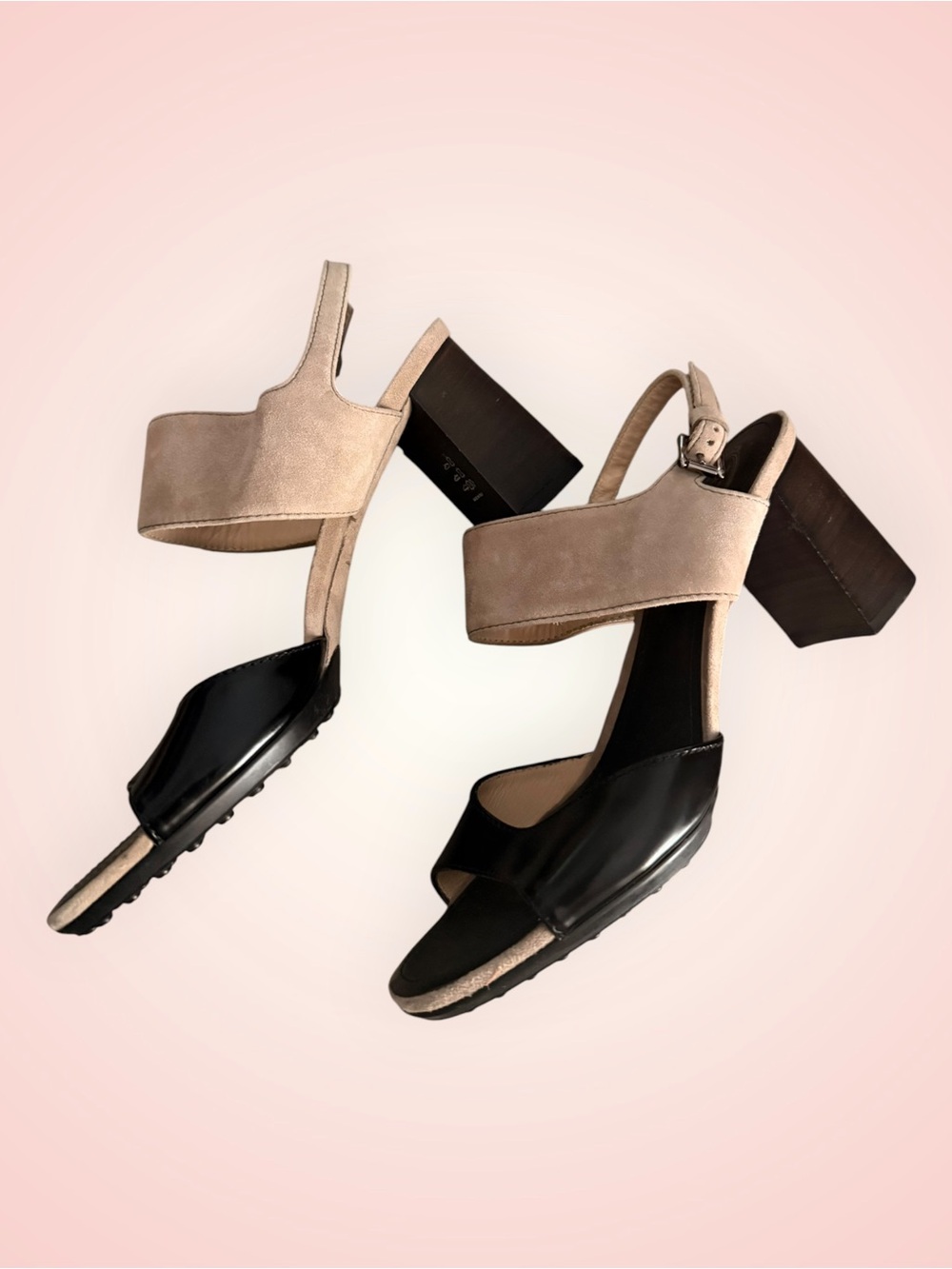 TODS Two-Tone Block Heel Sandals - Black & Taupe 7.5